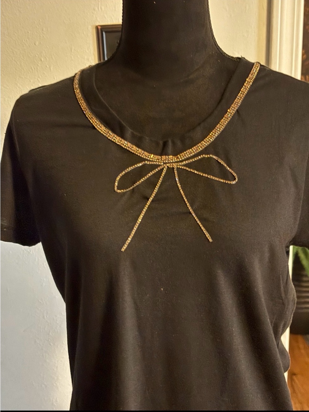 Black Short Sleeve Tee with Gold Rhinestone Bow Detail